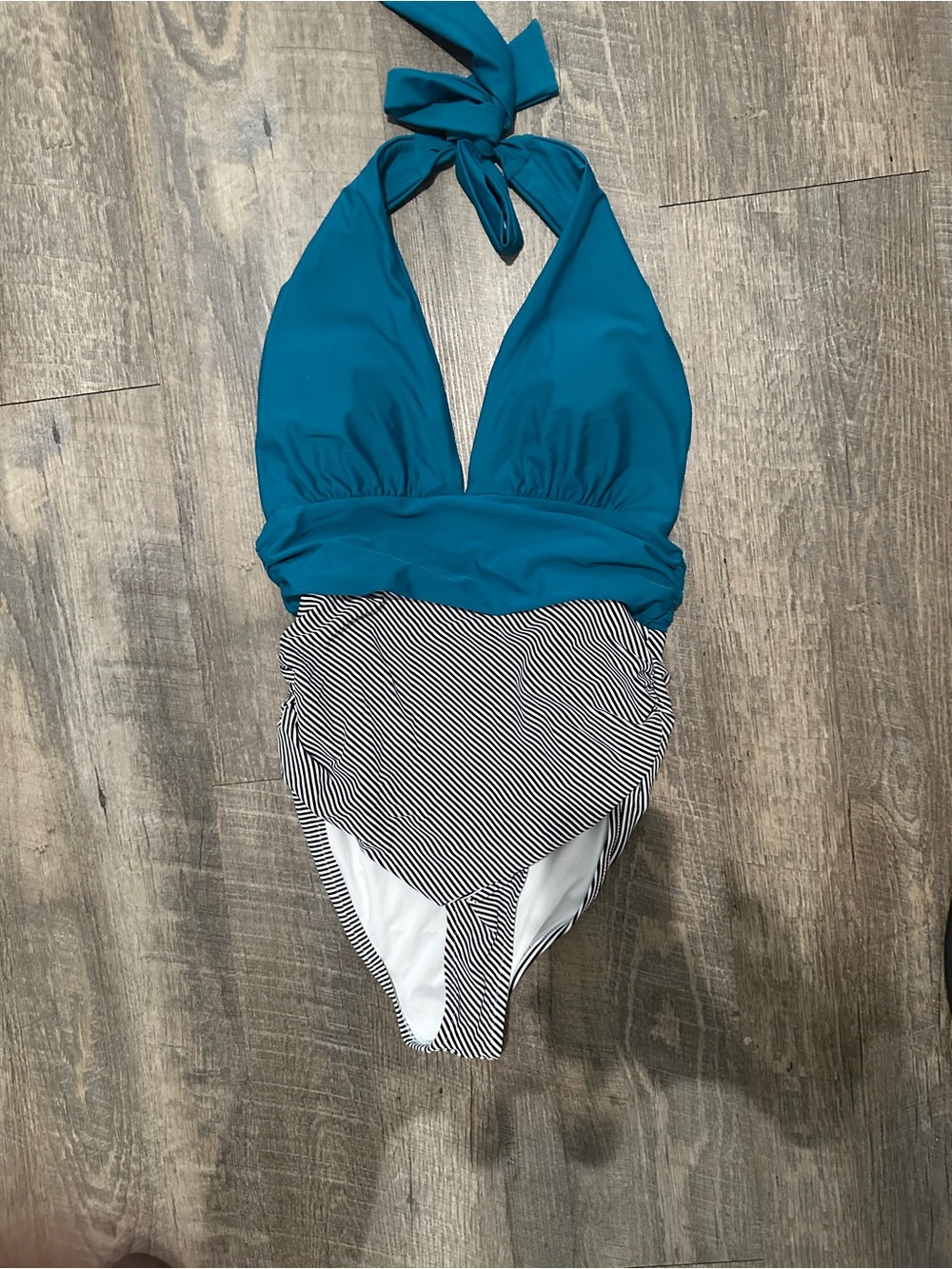 Teal Halter One-Piece Swimsuit with Striped Bottom